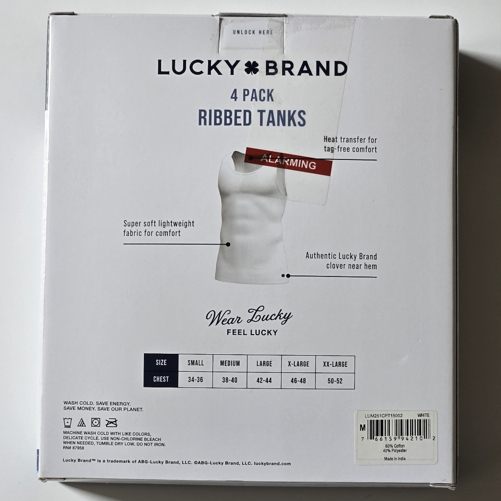 Lucky Brand White Ribbed Tank Tops 4-Pack | Clover Leaf Logo | Classic Essential - Picture 2 of 3
